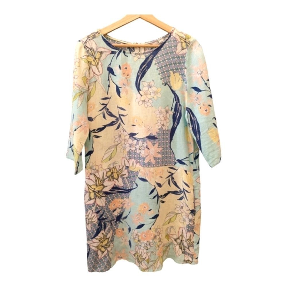 Malvin Linen floral shift dress light blue pockets 3/4 sleeve Germany